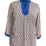 Talbots Multicolored Peacock Print Tunic Top Blouse Size Large Petite V-Neck Photo 0