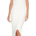 Lulus White Ruched Midi Dress with Pearl Accents NWT Size XS Bridal Midi Dress Photo 0