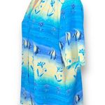 Vintage 90s Tropical Fish Print Shirt Blue Yellow Crinkle Button Front Top 14 Photo 2