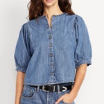 Old Navy Denim Puff Sleeve Button Front Blouse Blue Cotton Size M Photo 0