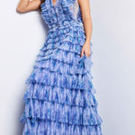 Jovani  39143 Print / Blue Formal Gown NWT Size 4 • Ruffled, Pleated, Statement Photo 0