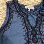 Boho Metallic Embroidered Lightweight Denim BlueTank Top Tassel Tie Blue Photo 2