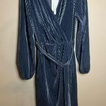 Merokeety  Long Sleeve Faux Wrap Velvet  Dress In Light Blue Photo 0