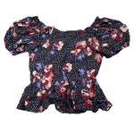 Yumi Kim  Jessa Black Red Floral Crop Top Puff Sleeve Cropped Size 0 Peasant Photo 1