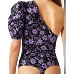 Free People  Purple Floral One Shoulder Puff Sleeve Thong Bodysuit Women's Size M Photo 8