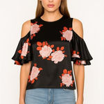 Ganni  Cold Shoulder Floral Satin Ruffle‎ Sleeve Blouse Size XS Photo 0