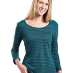 Kuhl  Jive Fine Knit Shirt Top Striped 3/4 Sleeve Crewneck Front Pocket Green 1X Photo 0