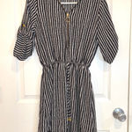 J for Justify Black White Striped Romper Gold Zipper Accent Roll Tab Sleeve S Photo 0