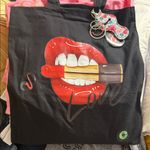 Handmade  Black Graphic Tote with Red Lips and Lipstick Design Photo 1