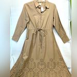Sweet Magnolia Long Sleeve Shirt Dress W/Embroidered cut out 100% Cotton L Tan Size L Photo 0