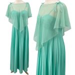 Vintage 70s Pleated Maxi Dress w Sheer Cape Mint Green Tie Spaghetti Strap Small Photo 2