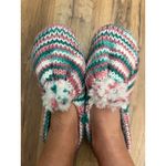 NEW Handmade Knit Slippers Pom Pom Striped Pink Green White Cozy House Shoes 9" Size 7 Photo 1