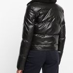 EXPRESS Black Faux Leather Fur Collar Belted Hem Puffer Moto Jacket Photo 5