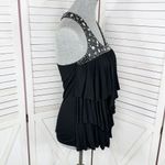 American Rag  Y2K Tiered Ruffle Crystal Racerback Tank Top Shirt Black Medium Photo 2