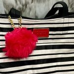 Betsey Johnson Black and White Striped Tote Bag Hot Pink Pom Y2K Travel Classic Photo 1