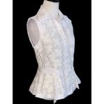 White Large Floral Lace Sleeveless Collared Button Down Front Peplum Top S Photo 8