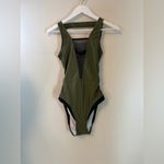 Cupshe One-Piece Swimsuit Olive Green W Mesh Front Cutout Back Medium Photo 4
