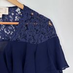 Nicole Miller  Atelier Navy Blue Silk Blouse size Small Lace Trim Long Sleeves Photo 3