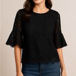 Nanette Lepore Black Floral Lace Blouse, Scalloped Hem Romantic Minimalist Small Photo 0