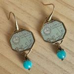 🌟 London (Greenwich Meridian) Map Drop Earrings w/ Turquoise Beads Gold Photo 8