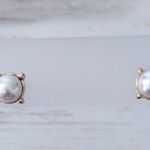Vintage Stud Earrings Faux Pearl with Square Gold Tone Halo Photo 0