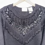 Kathie Lee Collection Vintage Beaded Sequin Goth Kathie Lee V Neck Long Sleeve Scalloped Sweater Tunic Photo 2