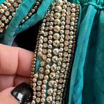 Manish Vaid Designer Beaded Crystal Printed Luxury Resort Harem Pants Size S Blue Photo 5