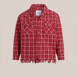 Free People NWT  Found Raw-Cut Fringe Plaid Camp Shirt - red plaid - XS Photo 6
