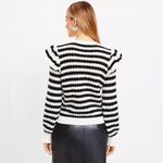 Loft  Striped Ruffle Shoulder Crewneck Sweater Long Blouson Sleeves Black Size XL Photo 2