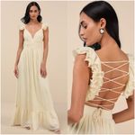 Lulus LULU’S Soiree Celebration Light Yellow Ruffled Lace-Up Maxi Dress Photo 1