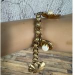 Vintage 1930's Goldtone Flower Pearl Textured Curb Link Charm Bracelet Germany Gold Photo 5