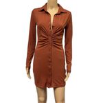 Just Quella  Ribbed Long Sleeve Ruched Button Up Collared Rust Mini Dress 4 / 6 Photo 2