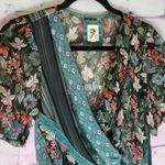 Anthropologie  TINY FLORAL TEAL MIXED MEDIA SHEER WRAP FRONT FLOWY BLOUSE S Photo 2