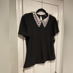 AUW NWT  Size S Black Puff Short Sleeve White Eyelet Lace Collar Top Keyhole Back Photo 2