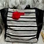 Betsey Johnson Black and White Striped Tote Bag Hot Pink Pom Y2K Travel Classic Photo 0