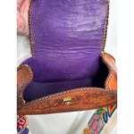 Vintage 1970s Tooled Leather Floral Crossbody Bag with Embroidered Strap Brown Photo 12