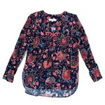 Loft Ann Taylor  Split Neck Navy Coral Boho Floral Long Sleeve Blouse Women Sz S Photo 2