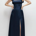 After Six  Square neck Fluid Satin Maxi Dress With Bow Straps In Midnight Navy Photo 0