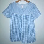 Tati Fashion M Blue Checked Snap Front Short Sleeved Pocketed House Coat Size M Photo 0