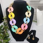 Chunky Pastel Multi Color Acrylic Chain Necklace Earrings Set New Gold Photo 0