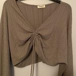 Ginger G Green Solid Drawstring Ruched Front Waist Crop Long Sleeve Waffle Crop Top Photo 3