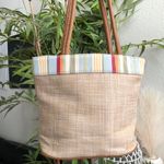 Maggie Barnes Vintage  Tan cream colorful striped jute tote bag with leather handles  Photo 0
