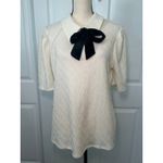 Misa Textured Collared Short Sleeve Cream Top with Black Neck Bow XL Twee Photo 2
