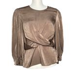 EXPRESS  Women’s Satin Crew Neck Puff Sleeve Wrap Top Brown Blouse Size Large Photo 1