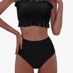 Shirred Bandeau Bikini Swimsuit Black Photo 0