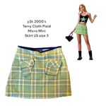 Y2K 2000'S MICRO‎ MINI SKIRT TERRY CLOTH GREEN PLAID SKIRT SZ. US 3 Photo 0
