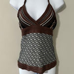 Trina Turk  SILK Halter Top Knit Brown Stripe Geometric Woven‎ Sleeveless Size 0 Photo 0