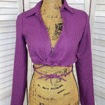 ZARA  Houndstooth Cropped Polo Top Purple Black Small Long Sleeve‎ Deep V-neck Photo 0
