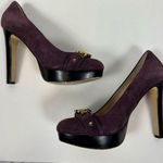 Michael Kors Women’s Purple Suede Platform Dress Heels Pumps Gold MK Logo 6 Photo 4