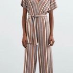 ZARA Autumn Striped Rustic V-Neck Belted Jumpsuit Size Medium Photo 1